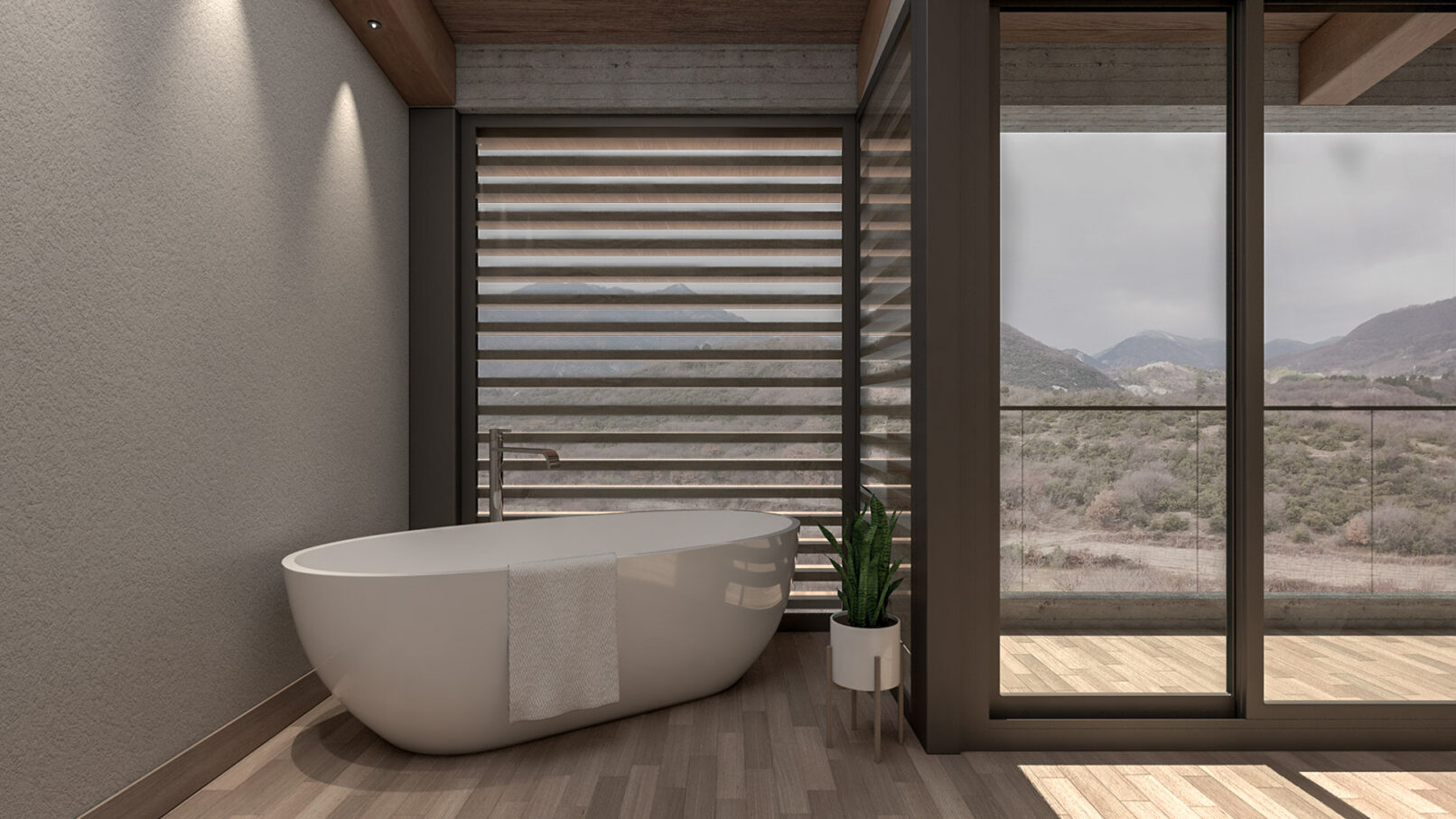Pinthos Architects Pozar Baths Aridaia Resort and spa. Winter Hotel architecture interior bathroom with bath and view