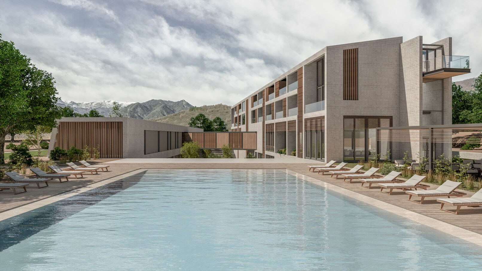Pinthos Architects Pozar Baths Aridaia Resort and spa. Winter Hotel architecture facade and pool