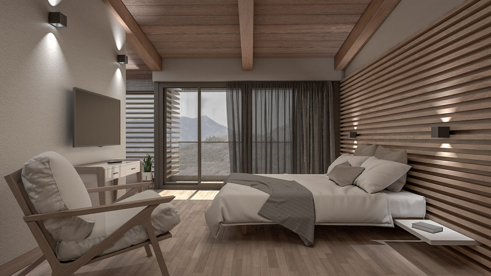 Pinthos Architects Pozar Baths Aridaia Resort and spa. Winter Hotel architecture interior room with double bed