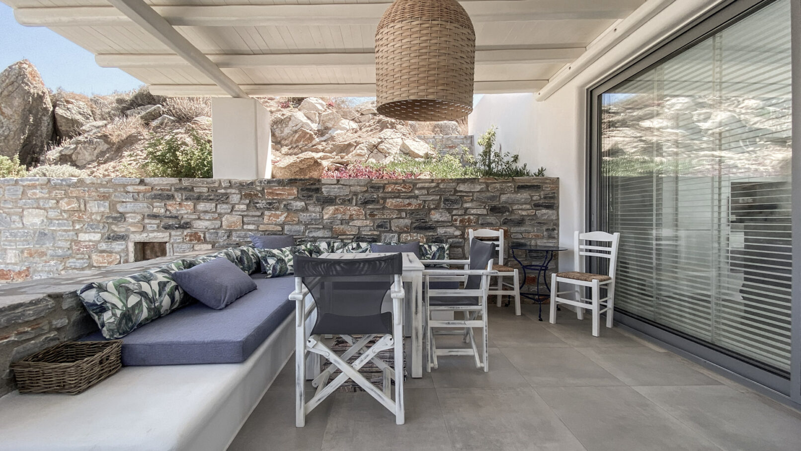 Pinthos Architects Naxos vacation summer house - villa. Cycladic island design in Aegean. Outdoor and lounge