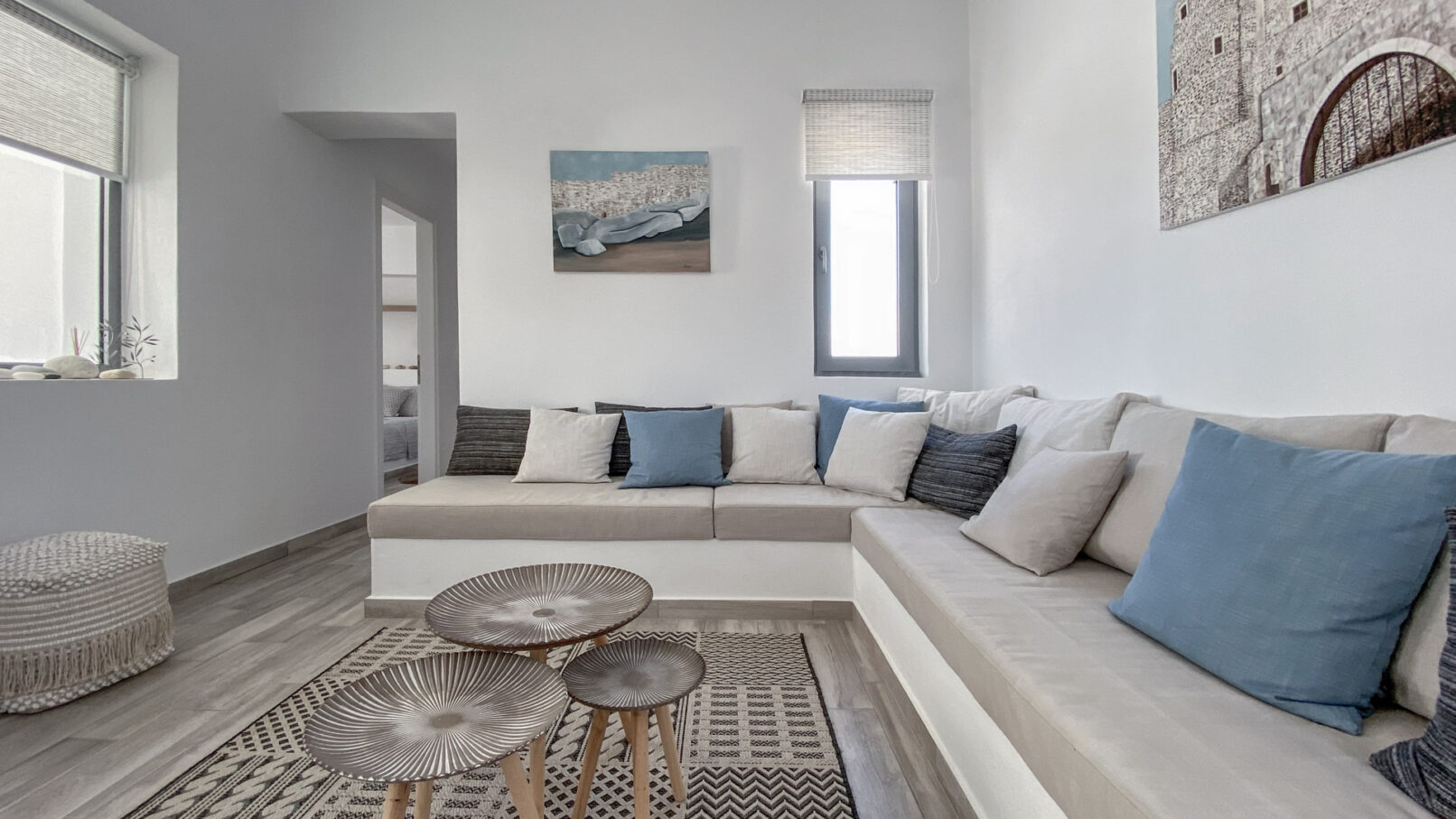 Pinthos Architects Naxos vacation summer house - villa. Cycladic island design in Aegean. Interior style living room