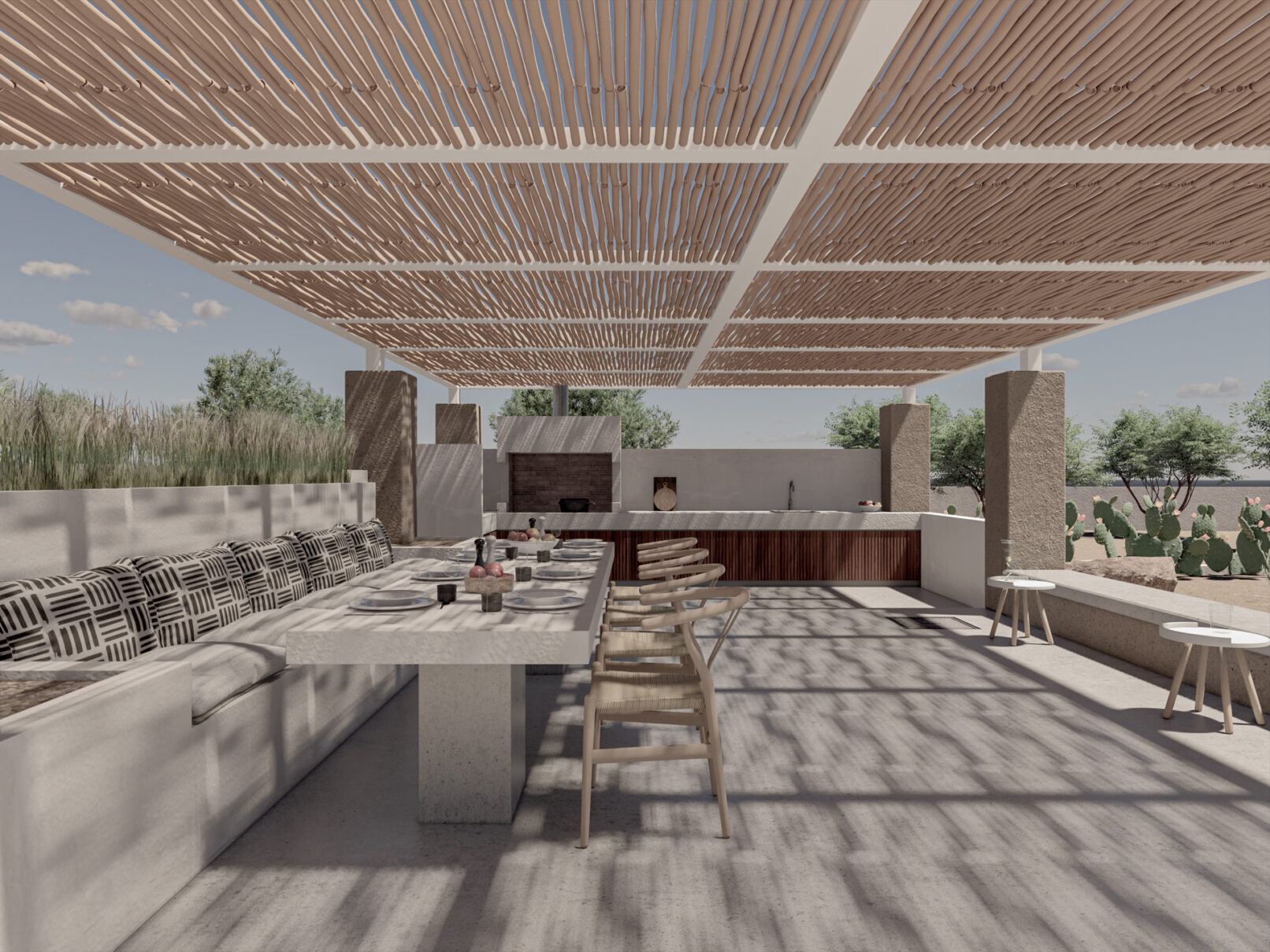 Pinthos Architects Paros vacation summer house - villa architecture. Cycladic island design in Aegean. Outdoor Barbeque