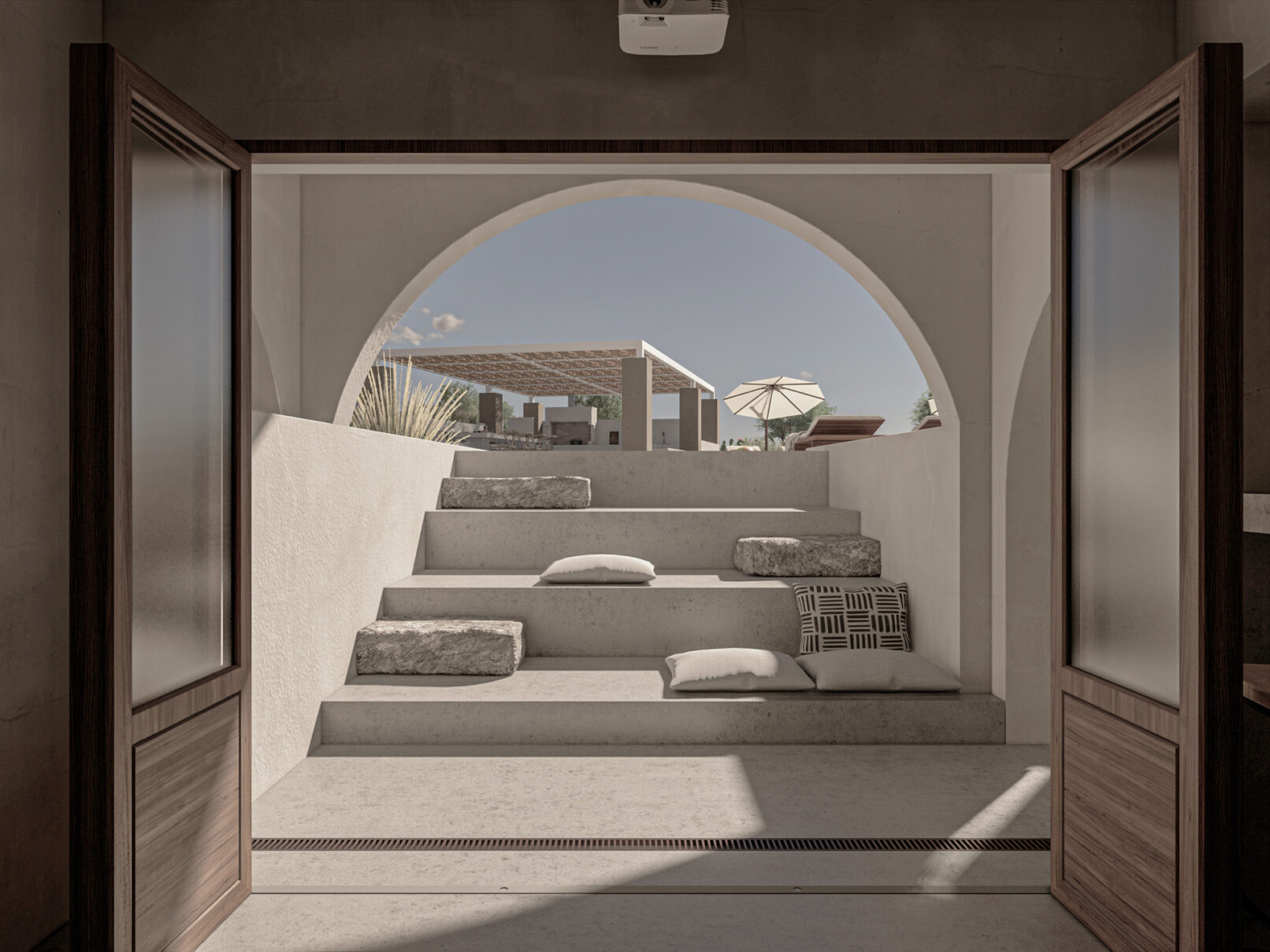Pinthos Architects Paros vacation summer house - villa architecture. Cycladic island design in Aegean. Outdoor cinema