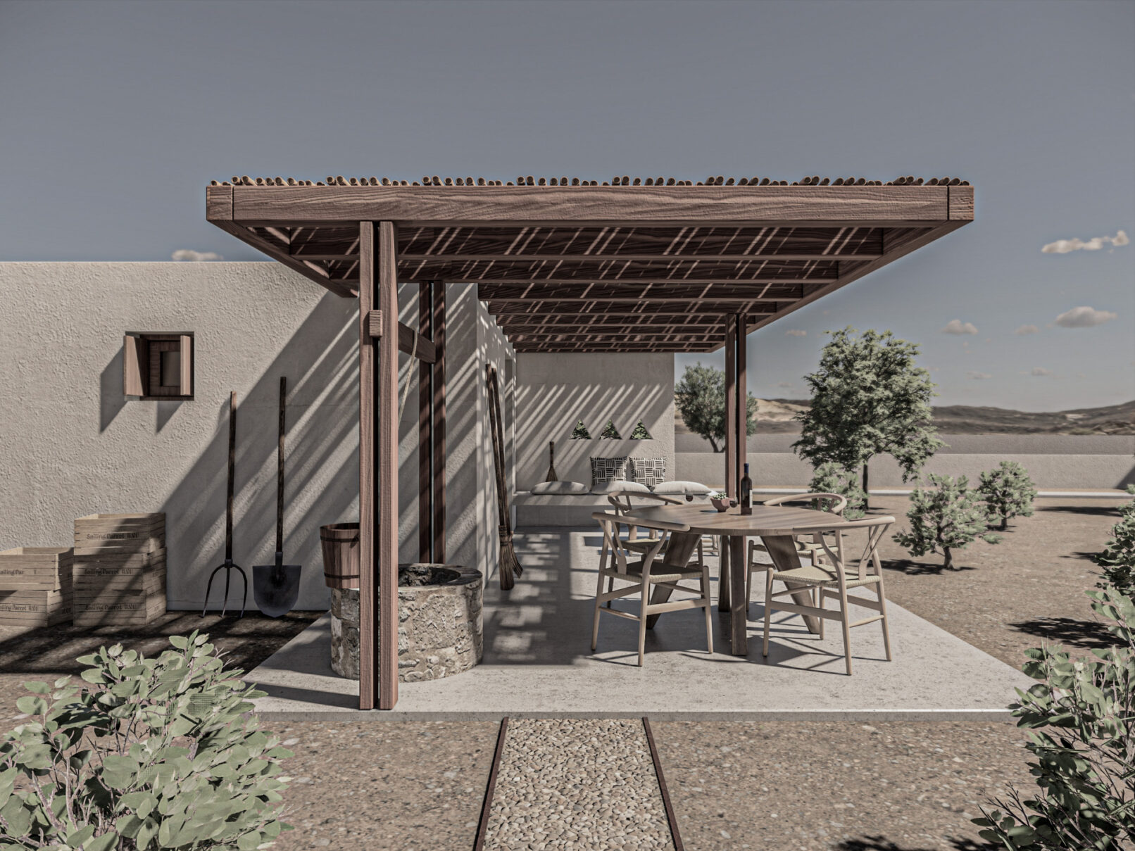 Pinthos Architects Paros vacation summer house - villa architecture. Cycladic island design in Aegean. Winetasting pavilion