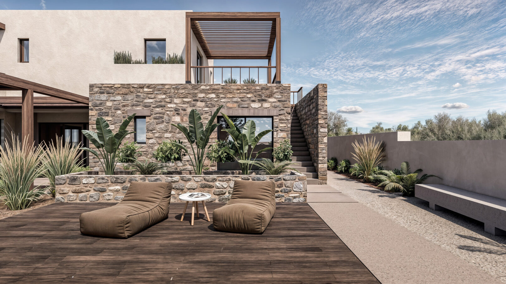 Contemporary villa in Paleros Gulf featuring natural Greek plants and earthy color palette, ideal for serene summer retreats